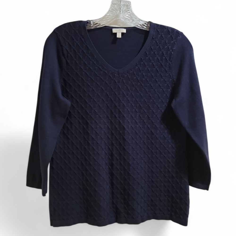 Talbots 3/4 Length‎ Sleeve Diamond Pattern Navy Blue Sweater Women's Small